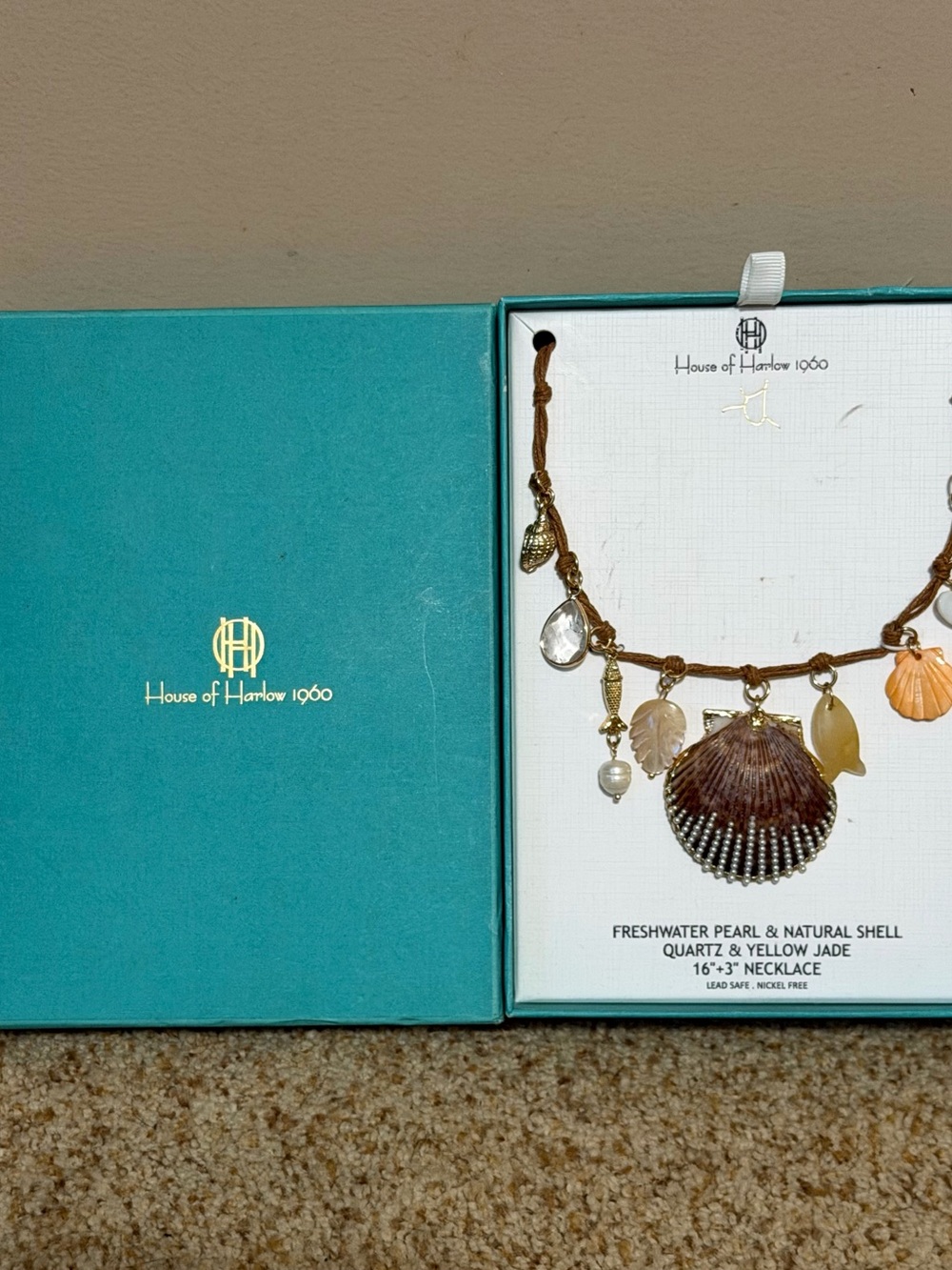 House of Harlow 1960 Brown Shell, Pearl & Yellow Charm Necklace